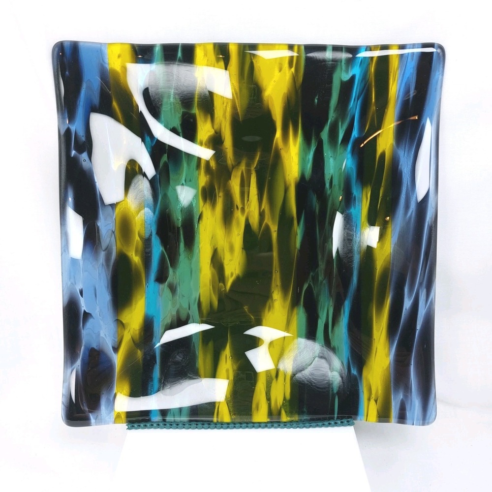Fused Square Art‎ Glass Plate Green Blue Yellow Abstract Curved Ripple 9 3/4"